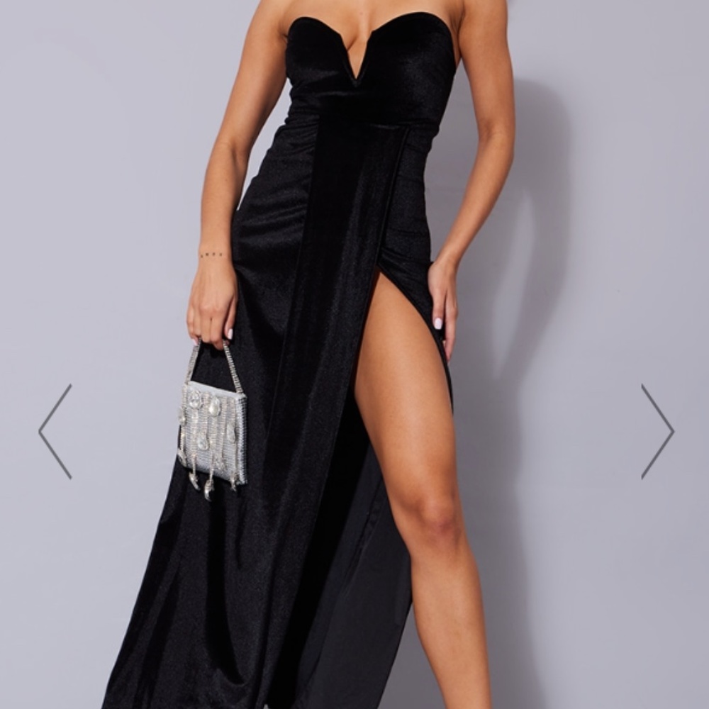 BLACK VELVET DRAPED WRAP DETAIL BANDEAU MAXI DRESS